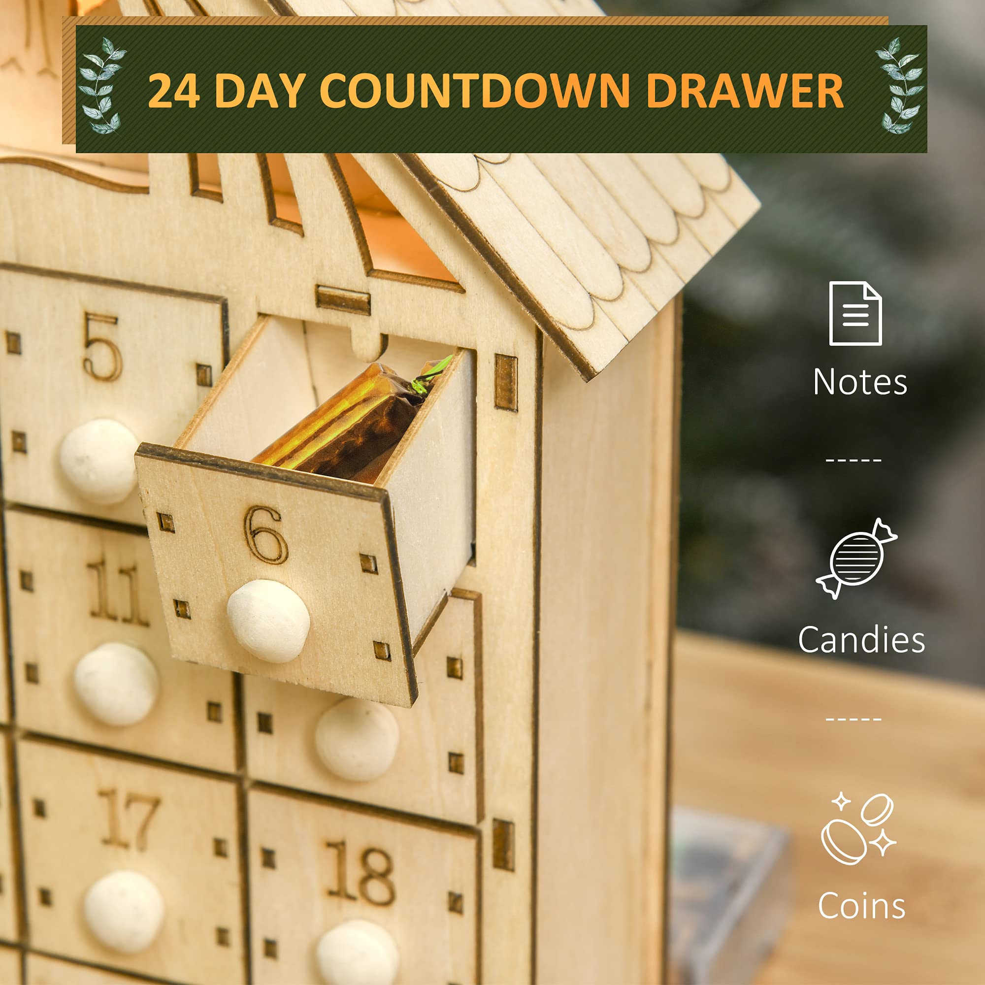 HOMCOM Christmas Advent Calendar, Light Up Manger Scene Tabletop Xmas Wooden House Holiday Decoration with Countdown Drawer, Bib